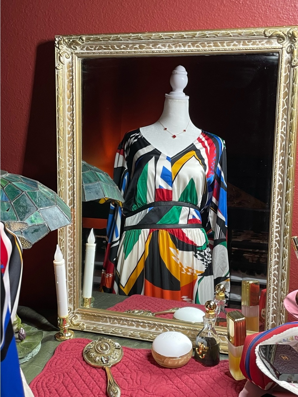 New York & Company Multicolor Geometric V-Neck Maxi Dress boho style - Picture 3 of 13